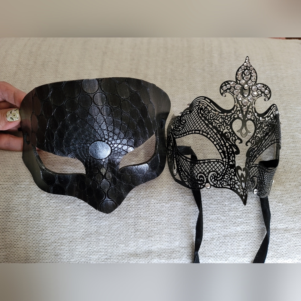 🦹 Masquerade his leather & her metal masks. Ten years old, excellent condition.